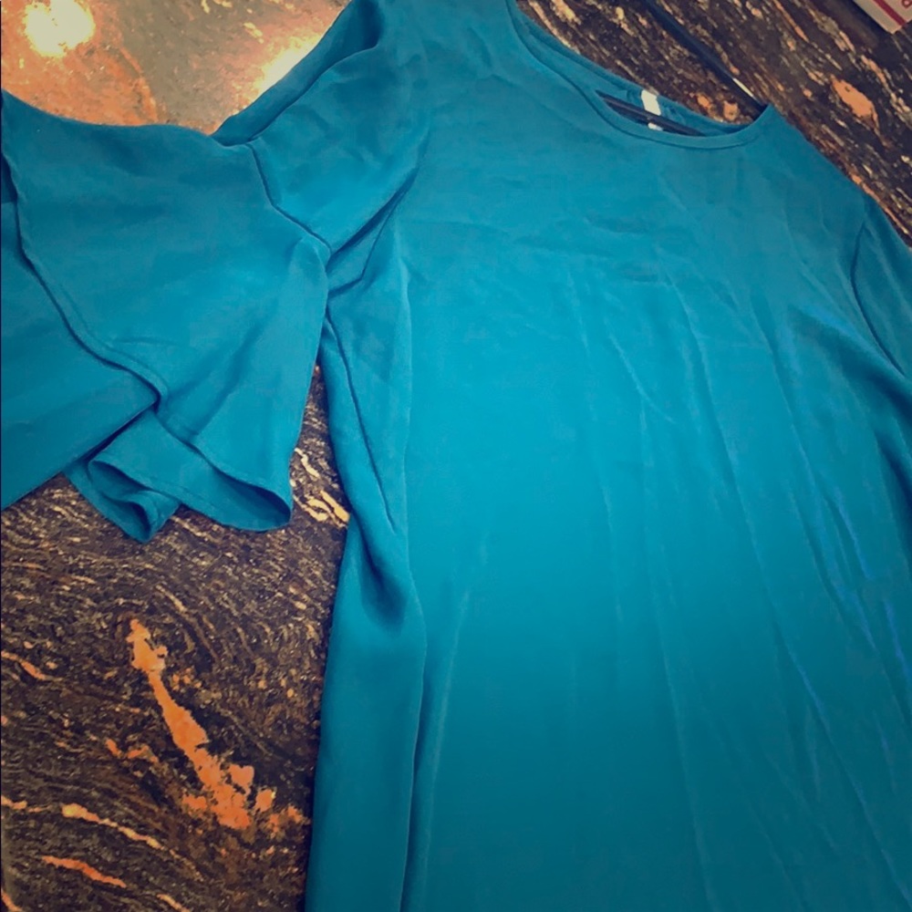 Adorable teal ruffle sleeve top.